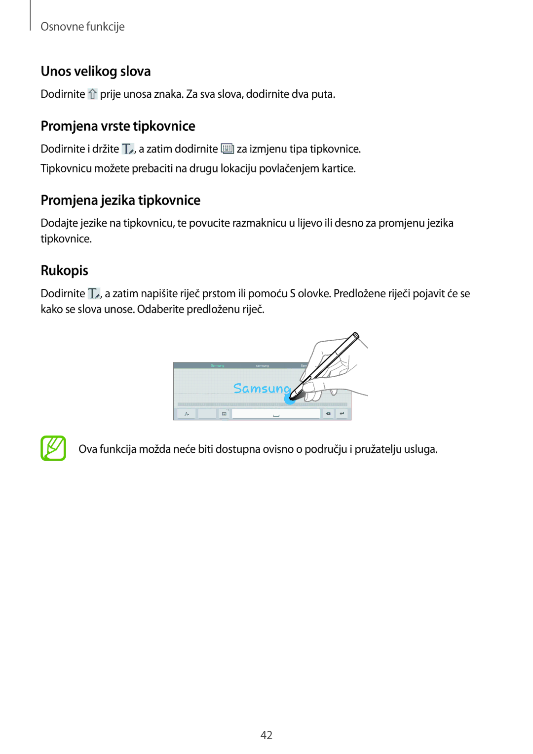 Samsung SM-P6050ZWASEE, SM-P6050ZWESEE Unos velikog slova, Promjena vrste tipkovnice, Promjena jezika tipkovnice, Rukopis 