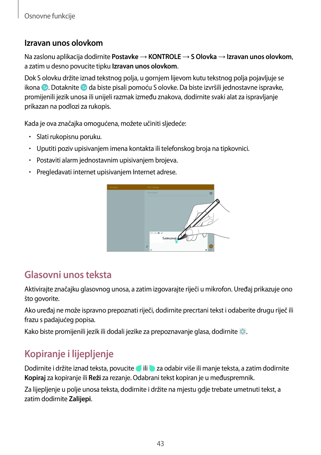 Samsung SM-P6050ZWAVIP, SM-P6050ZWESEE, SM-P6050ZKASEE Glasovni unos teksta, Kopiranje i lijepljenje, Izravan unos olovkom 