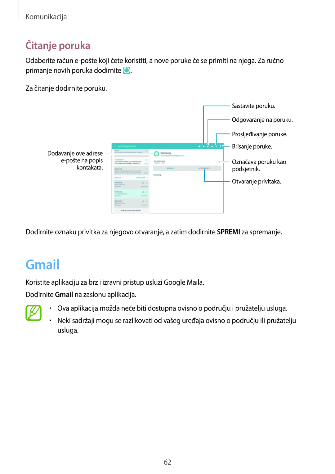 Samsung SM-P6050ZWASEE, SM-P6050ZWESEE, SM-P6050ZKASEE, SM-P6050ZWAVIP, SM-P6050ZKESEE manual Gmail, Čitanje poruka 