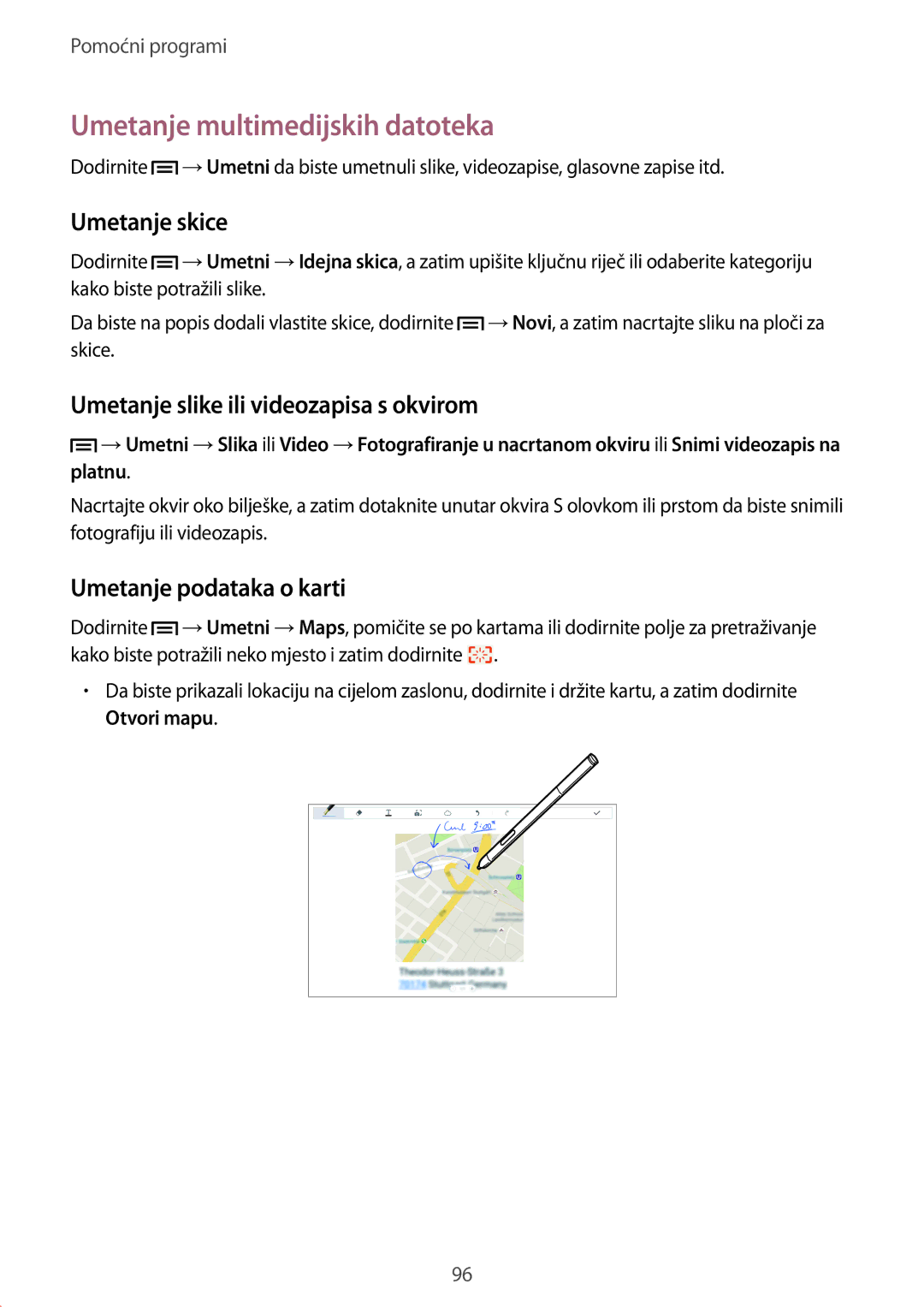 Samsung SM-P6050ZKASEE manual Umetanje multimedijskih datoteka, Umetanje skice, Umetanje slike ili videozapisa s okvirom 