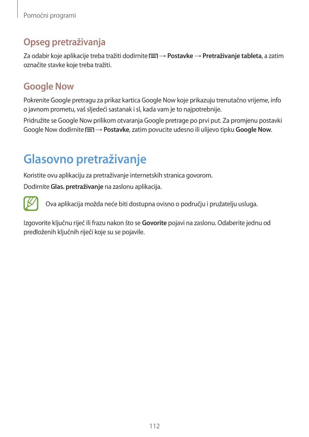 Samsung SM-P6050ZWASEE, SM-P6050ZWESEE, SM-P6050ZKASEE manual Glasovno pretraživanje, Opseg pretraživanja, Google Now 