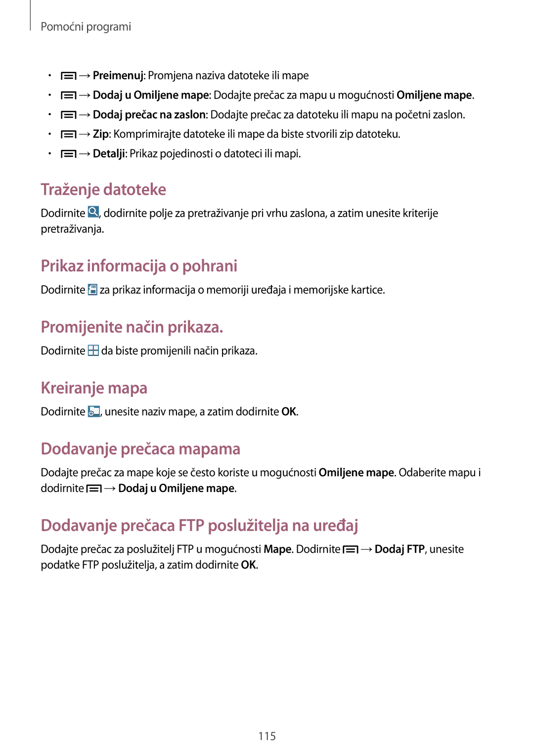 Samsung SM-P6050ZWESEE manual Traženje datoteke, Prikaz informacija o pohrani, Promijenite način prikaza, Kreiranje mapa 