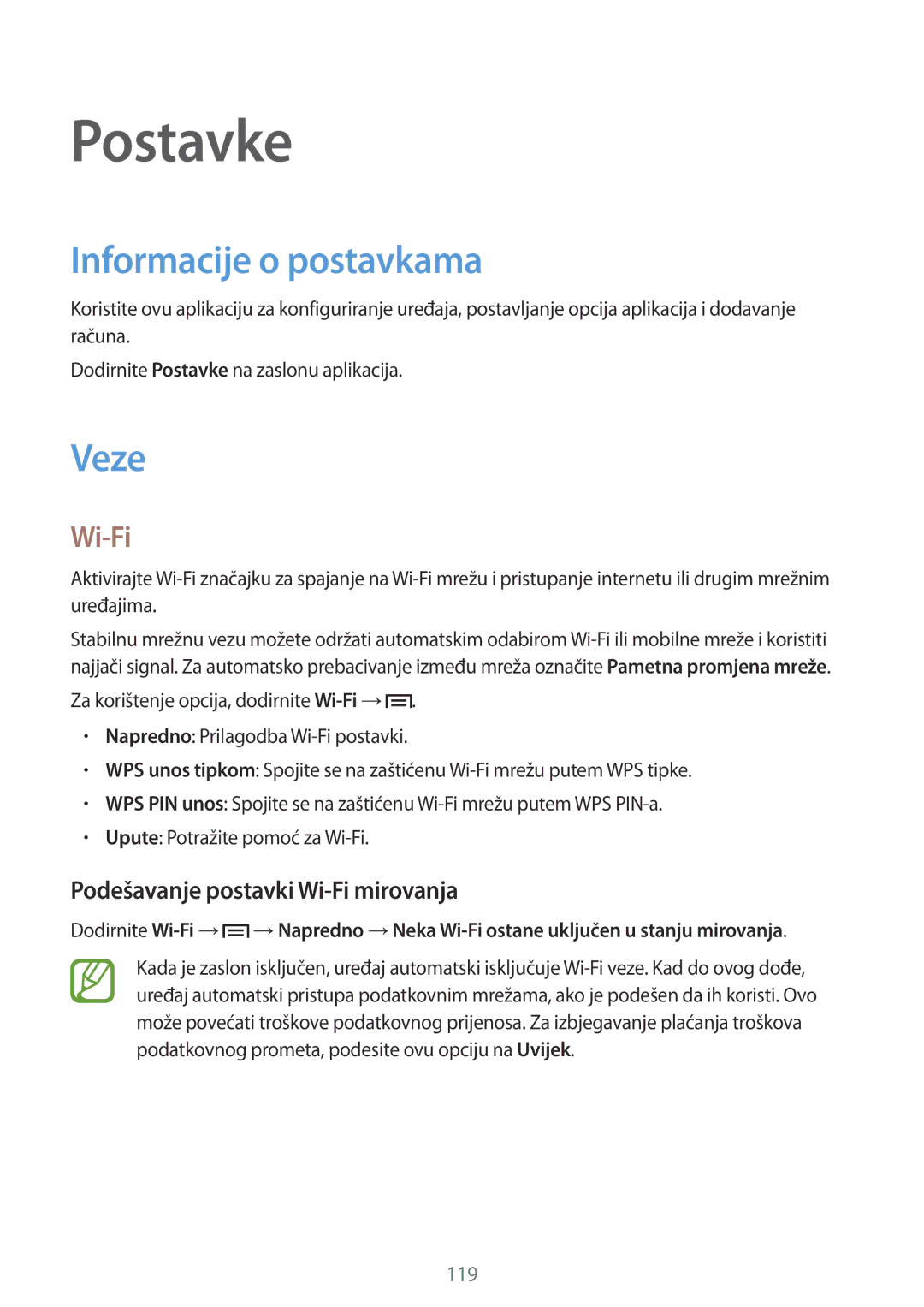 Samsung SM-P6050ZKESEE, SM-P6050ZWESEE manual Informacije o postavkama, Veze, Podešavanje postavki Wi-Fi mirovanja 