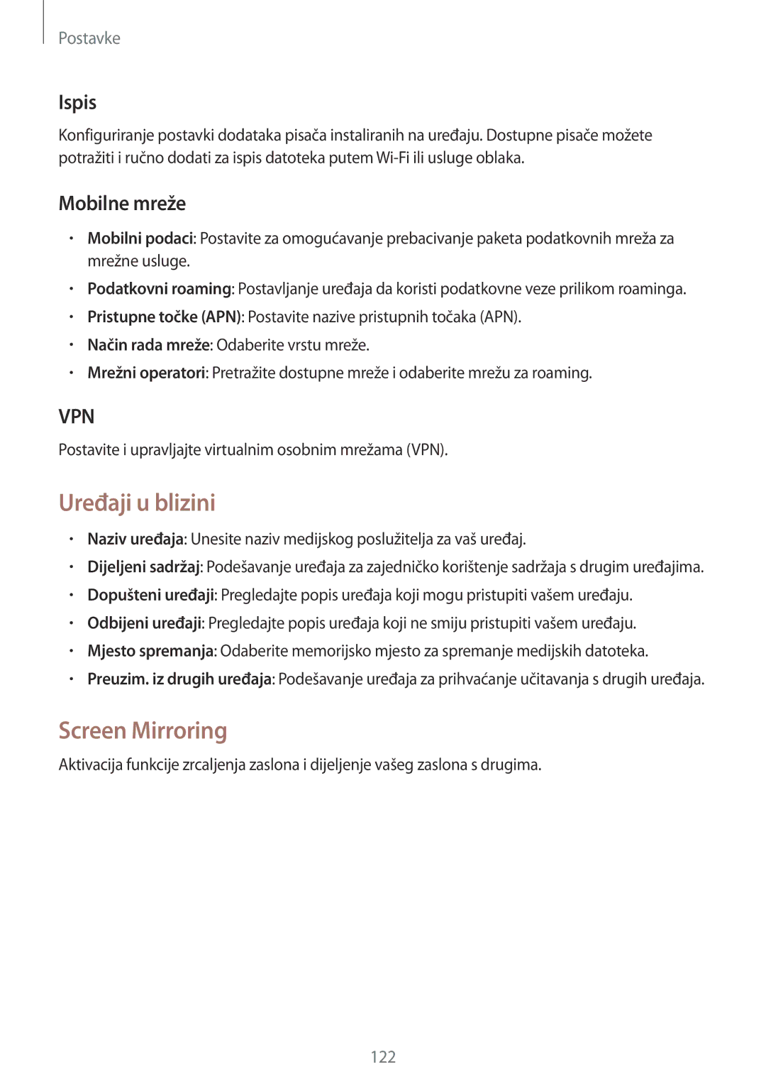 Samsung SM-P6050ZWASEE, SM-P6050ZWESEE, SM-P6050ZKASEE manual Uređaji u blizini, Screen Mirroring, Ispis, Mobilne mreže 