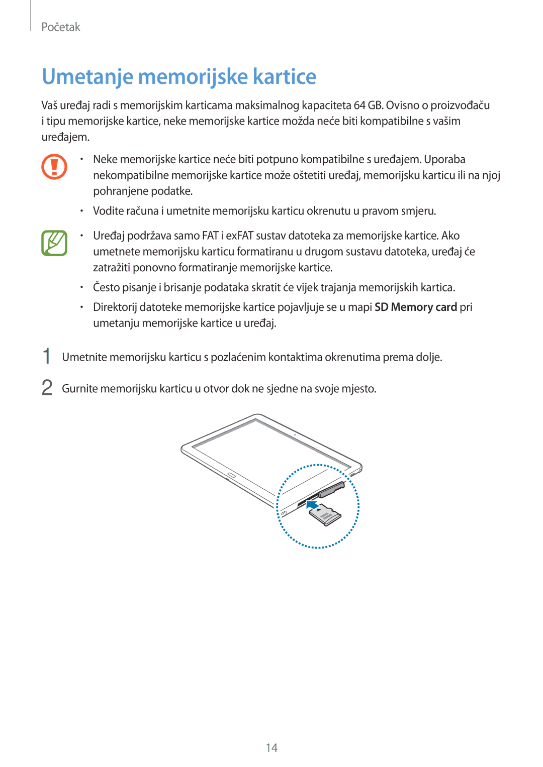 Samsung SM-P6050ZKESEE, SM-P6050ZWESEE, SM-P6050ZKASEE, SM-P6050ZWASEE, SM-P6050ZWAVIP manual Umetanje memorijske kartice 