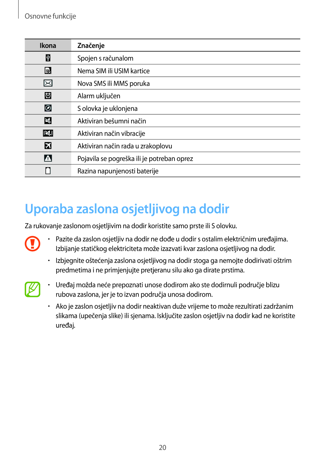 Samsung SM-P6050ZWESEE, SM-P6050ZKASEE, SM-P6050ZWASEE manual Uporaba zaslona osjetljivog na dodir, Osnovne funkcije 