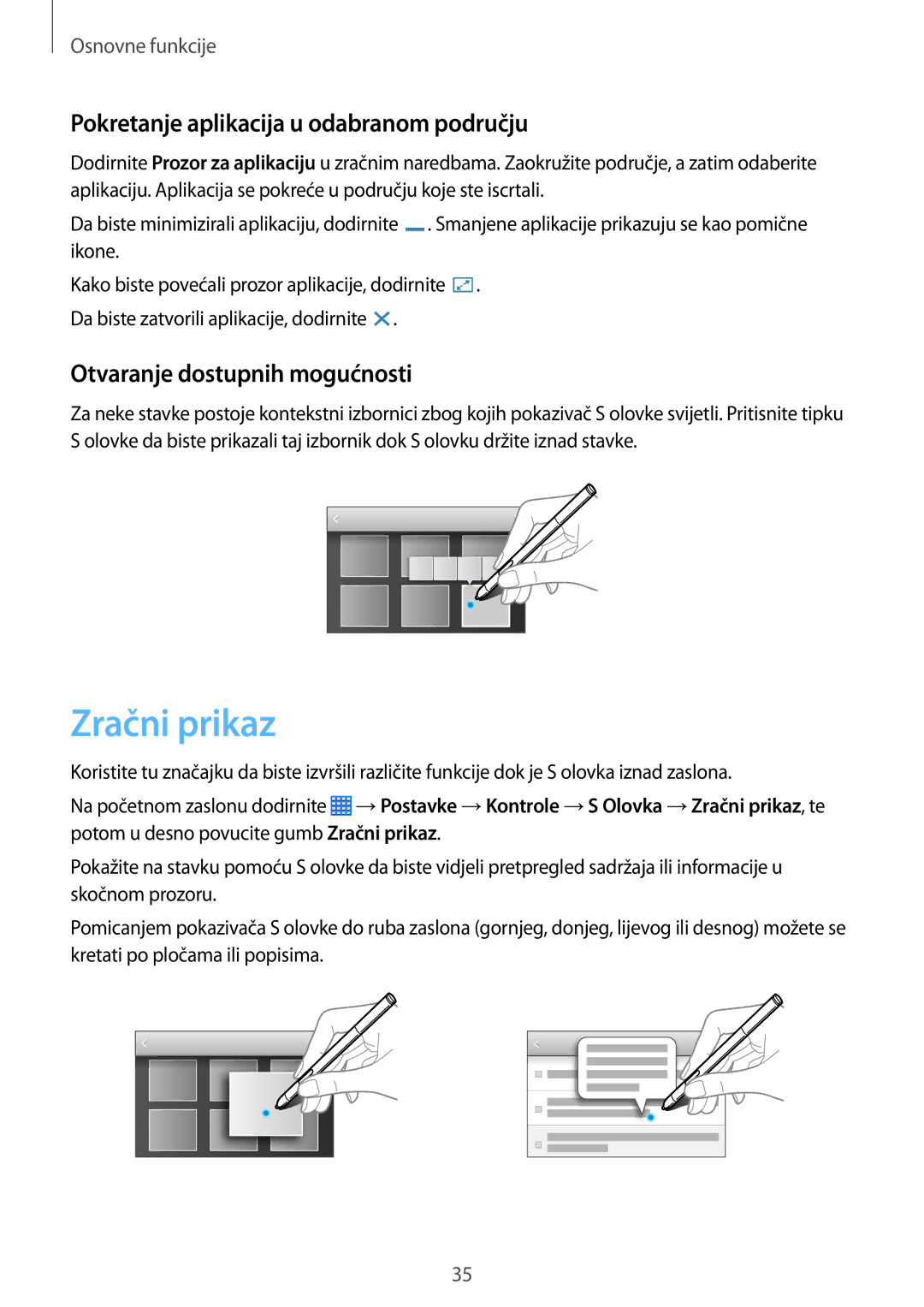 Samsung SM-P6050ZWESEE manual Zračni prikaz, Pokretanje aplikacija u odabranom području, Otvaranje dostupnih mogućnosti 