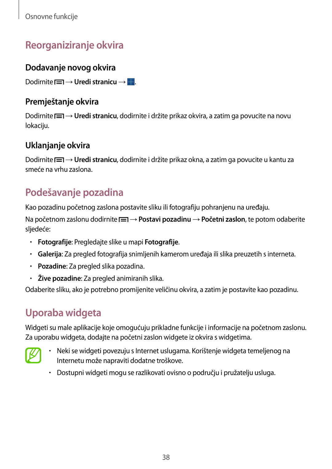 Samsung SM-P6050ZWAVIP, SM-P6050ZWESEE, SM-P6050ZKASEE manual Reorganiziranje okvira, Podešavanje pozadina, Uporaba widgeta 