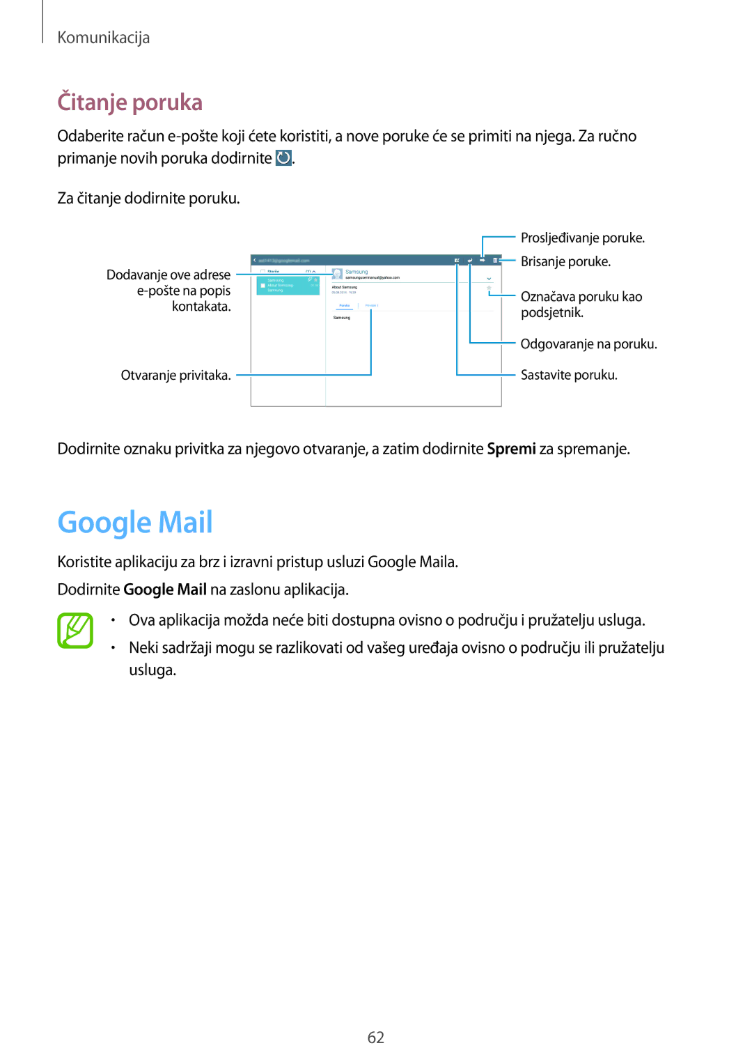 Samsung SM-P6050ZWASEE, SM-P6050ZWESEE, SM-P6050ZKASEE, SM-P6050ZWAVIP, SM-P6050ZKESEE manual Google Mail, Čitanje poruka 