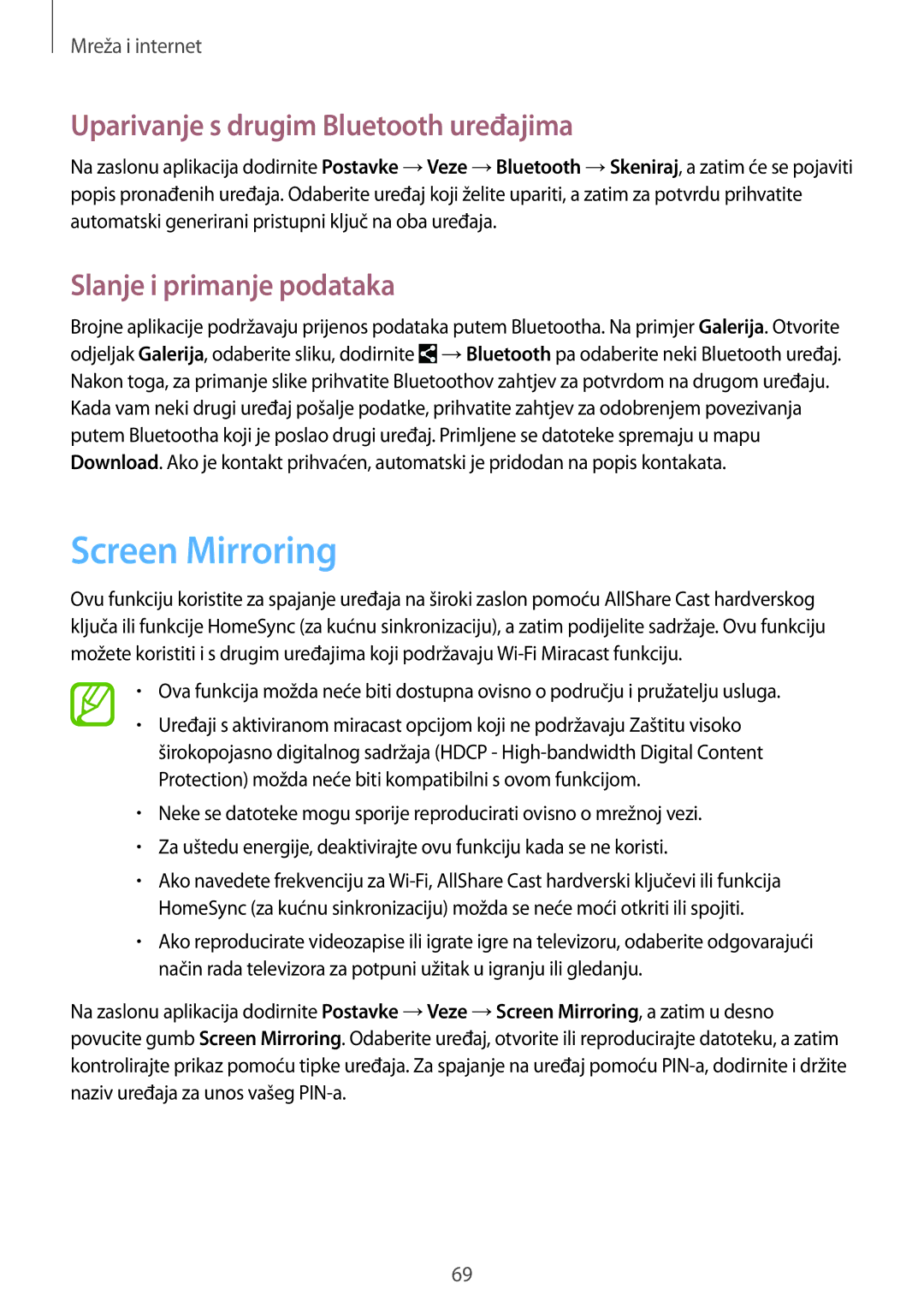 Samsung SM-P6050ZKESEE manual Screen Mirroring, Uparivanje s drugim Bluetooth uređajima, Slanje i primanje podataka 