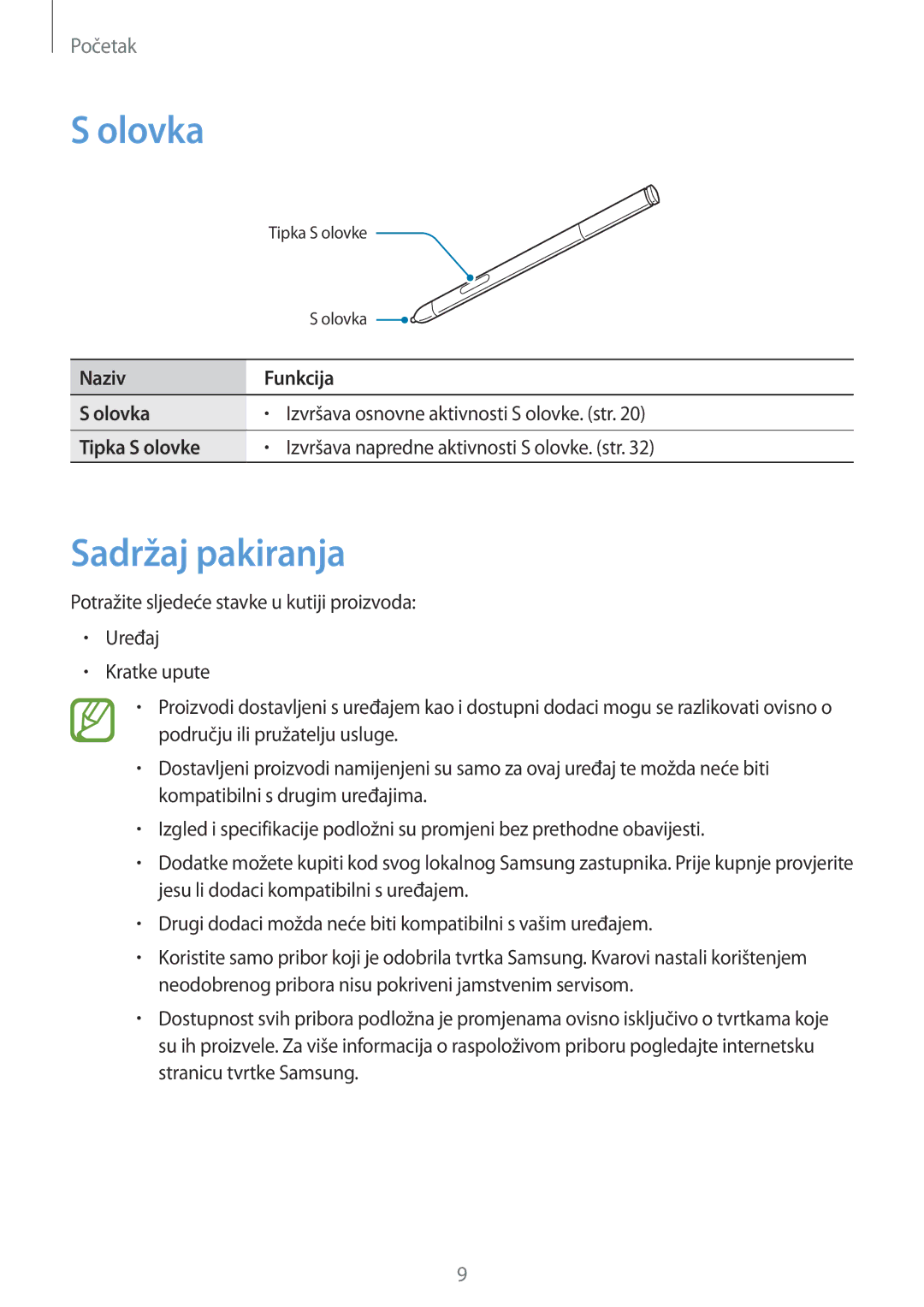 Samsung SM-P6050ZKESEE, SM-P6050ZWESEE, SM-P6050ZKASEE manual Sadržaj pakiranja, Naziv Funkcija Olovka, Tipka S olovke 