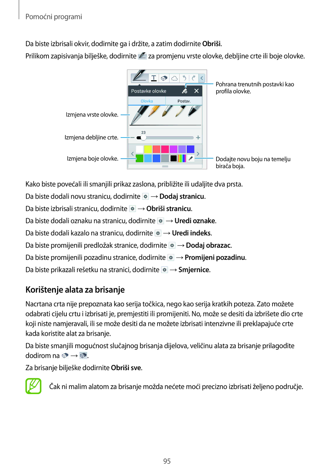 Samsung SM-P6050ZWESEE, SM-P6050ZKASEE, SM-P6050ZWASEE, SM-P6050ZWAVIP manual Korištenje alata za brisanje, Pomoćni programi 