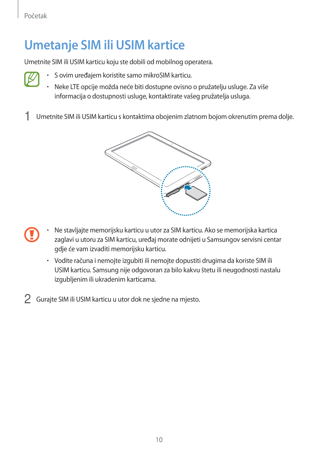 Samsung SM-P6050ZWESEE, SM-P6050ZKASEE, SM-P6050ZWASEE, SM-P6050ZWAVIP, SM-P6050ZKESEE manual Umetanje SIM ili Usim kartice 