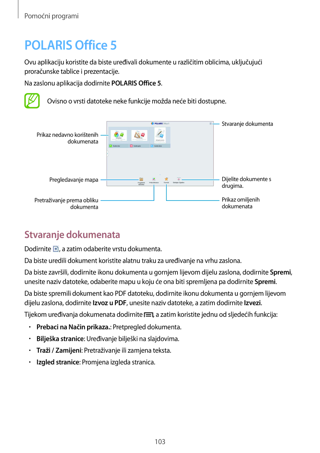 Samsung SM-P6050ZWAVIP manual Polaris Office, Stvaranje dokumenata, Prebaci na Način prikaza. Pretpregled dokumenta 