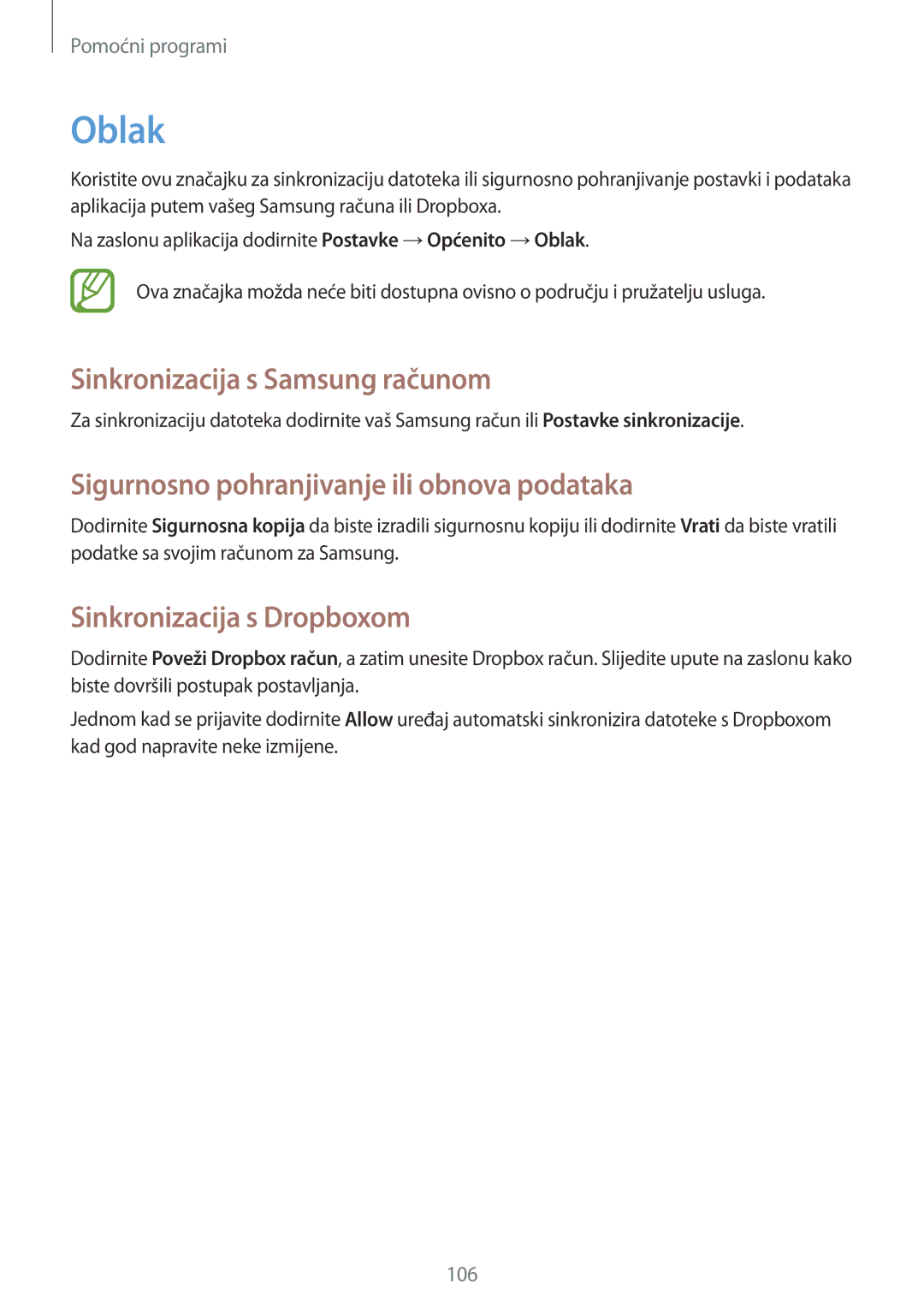 Samsung SM-P6050ZKASEE manual Oblak, Sinkronizacija s Samsung računom, Sigurnosno pohranjivanje ili obnova podataka 