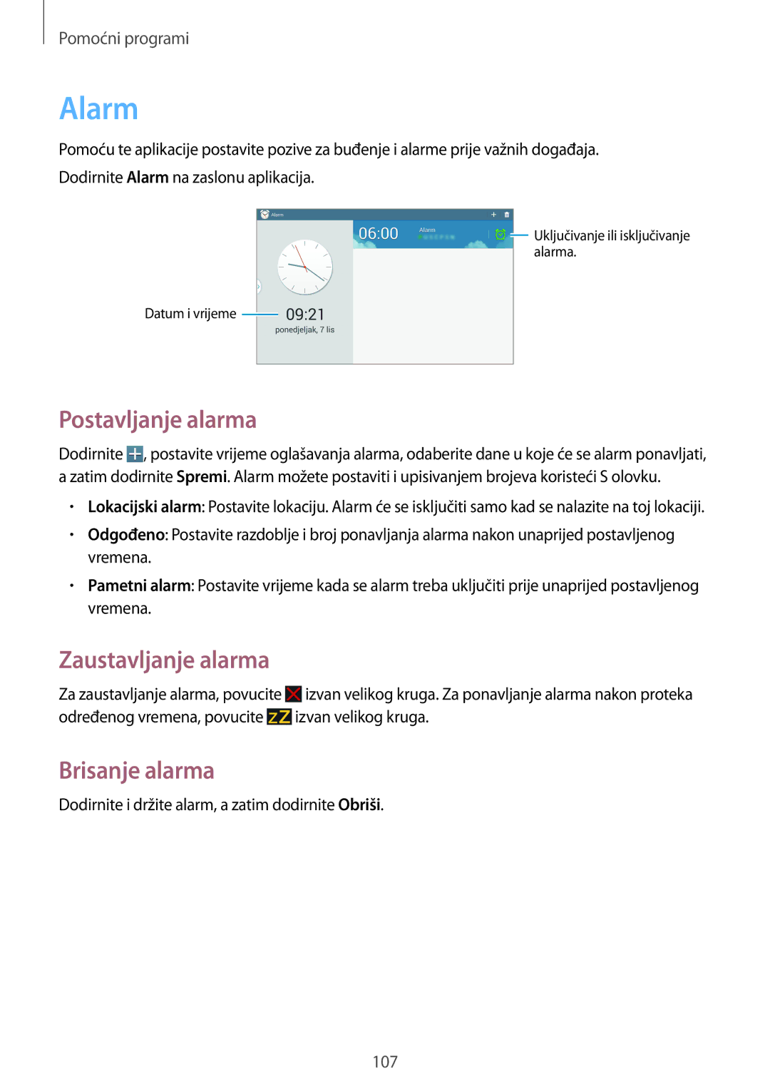 Samsung SM-P6050ZWASEE, SM-P6050ZWESEE, SM-P6050ZKASEE Alarm, Postavljanje alarma, Zaustavljanje alarma, Brisanje alarma 