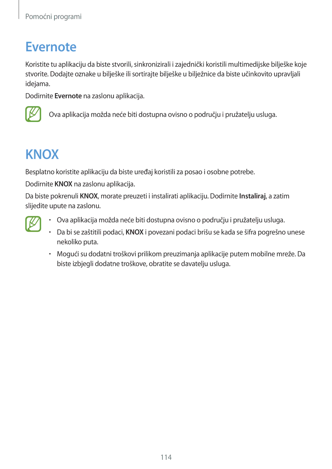 Samsung SM-P6050ZKESEE, SM-P6050ZWESEE, SM-P6050ZKASEE, SM-P6050ZWASEE, SM-P6050ZWAVIP manual Evernote, Knox 