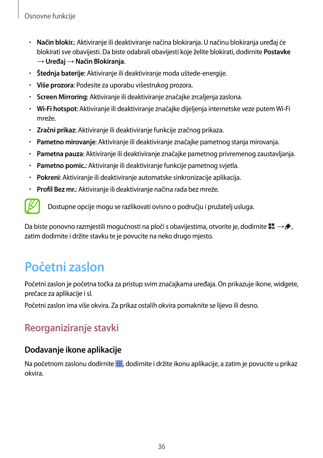 Samsung SM-P6050ZKASEE manual Početni zaslon, Reorganiziranje stavki, Dodavanje ikone aplikacije, →Uređaj →Način Blokiranja 