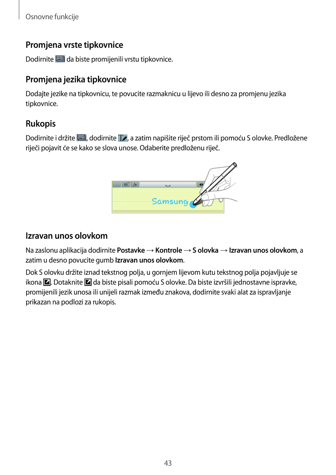 Samsung SM-P6050ZWAVIP manual Promjena vrste tipkovnice, Promjena jezika tipkovnice, Rukopis, Izravan unos olovkom 