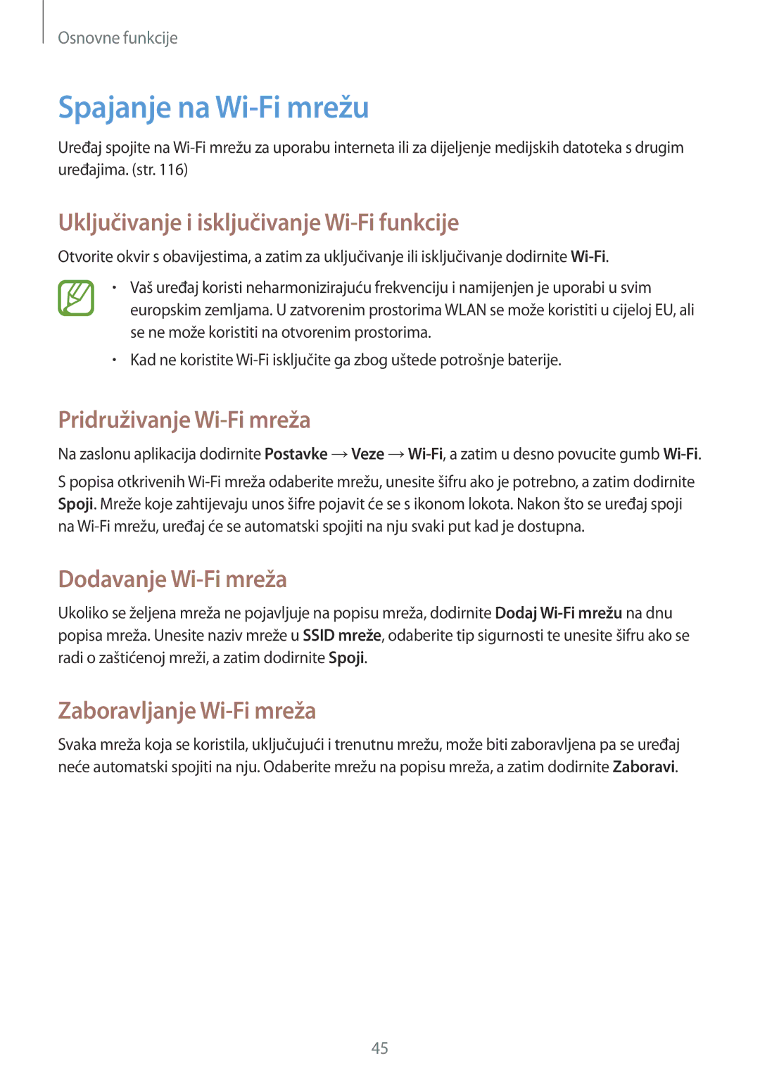 Samsung SM-P6050ZWESEE Spajanje na Wi-Fi mrežu, Uključivanje i isključivanje Wi-Fi funkcije, Pridruživanje Wi-Fi mreža 