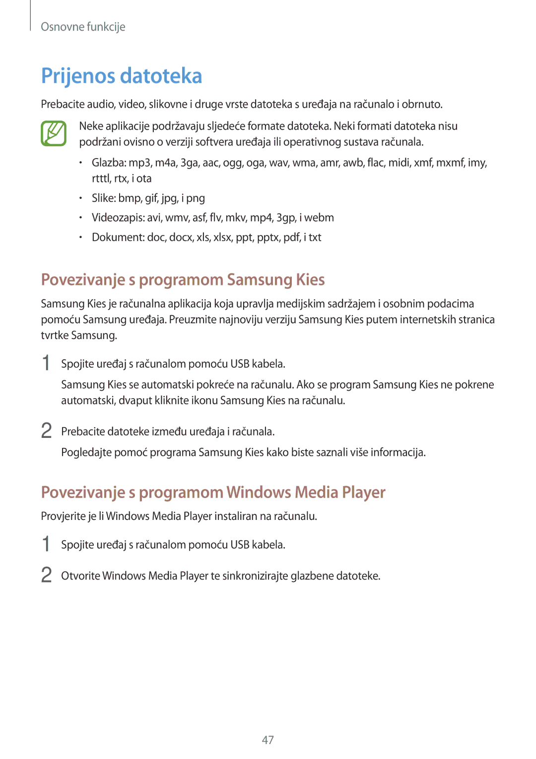 Samsung SM-P6050ZWASEE, SM-P6050ZWESEE, SM-P6050ZKASEE manual Prijenos datoteka, Povezivanje s programom Samsung Kies 