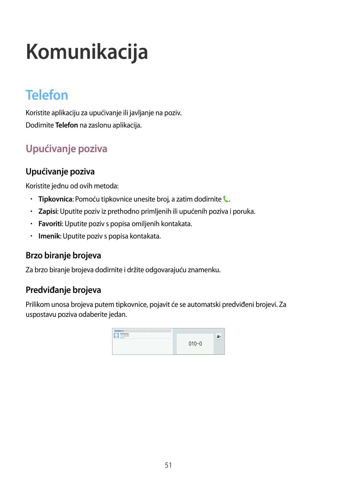Samsung SM-P6050ZKASEE, SM-P6050ZWESEE manual Telefon, Upućivanje poziva, Brzo biranje brojeva, Predviđanje brojeva 