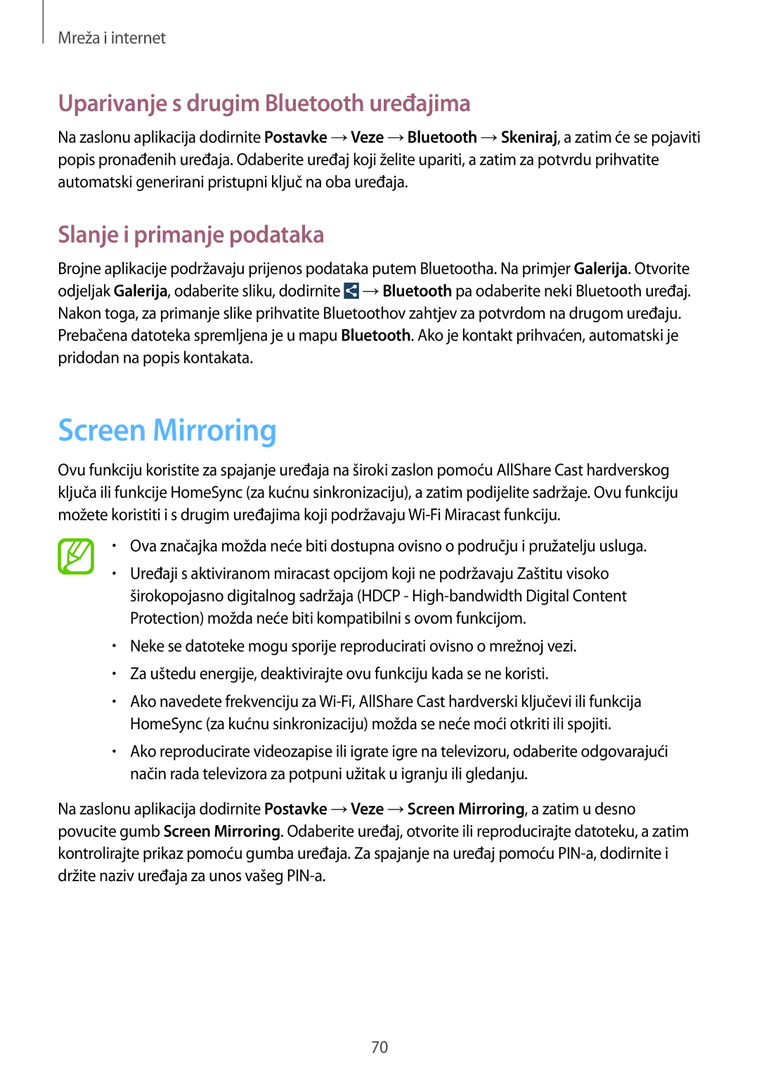 Samsung SM-P6050ZWESEE manual Screen Mirroring, Uparivanje s drugim Bluetooth uređajima, Slanje i primanje podataka 