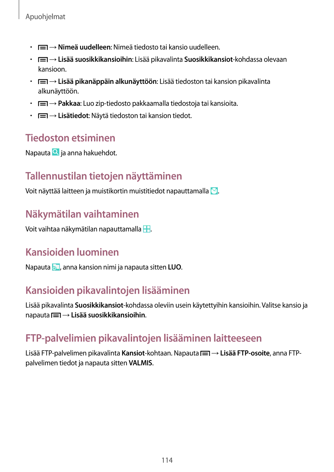 Samsung SM-P6050ZWLNEE, SM-P6050ZKLNEE Tiedoston etsiminen, Tallennustilan tietojen näyttäminen, Näkymätilan vaihtaminen 