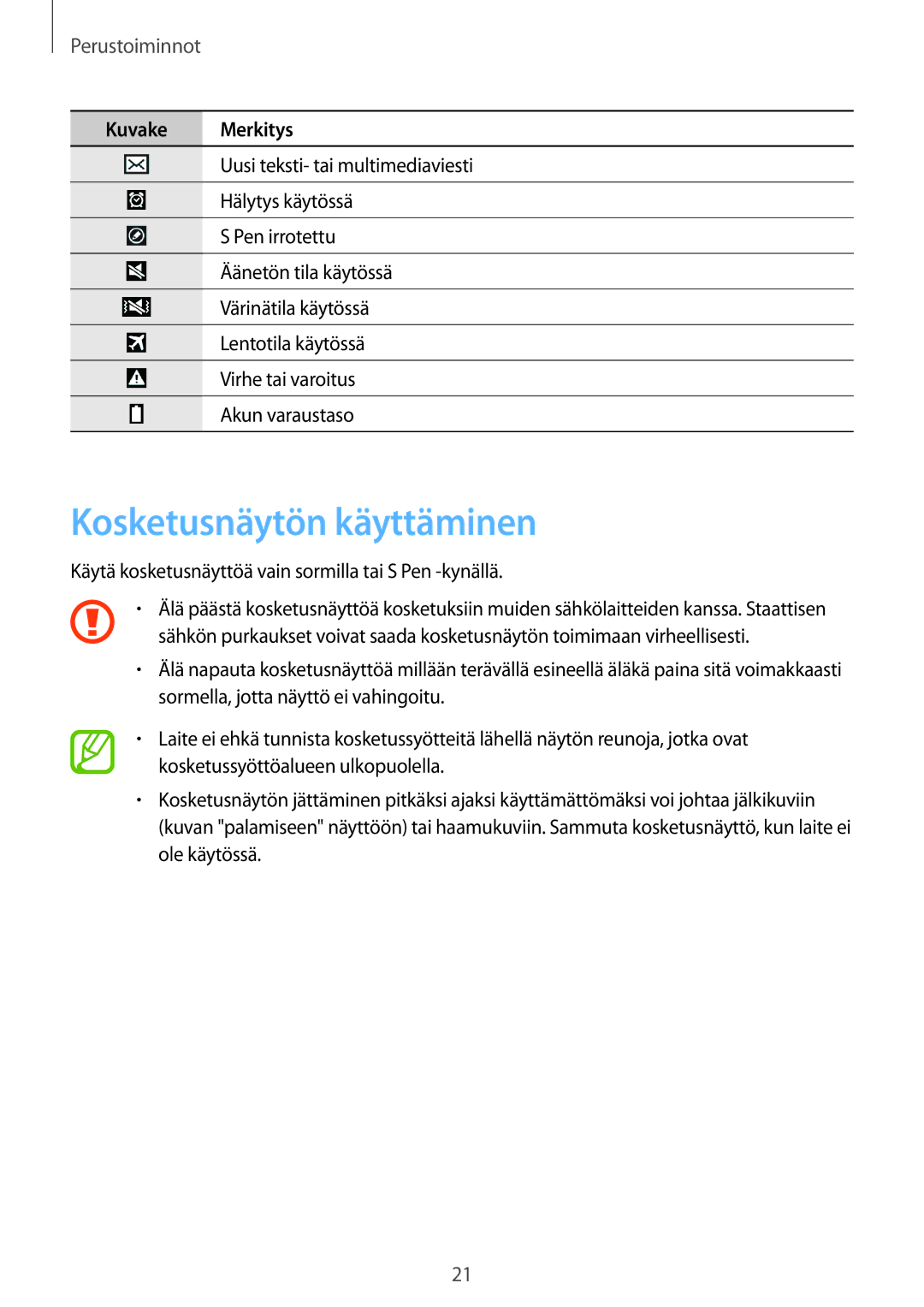 Samsung SM-P6050ZKENEE, SM-P6050ZWLNEE, SM-P6050ZKLNEE, SM-P6050ZKANEE manual Kosketusnäytön käyttäminen, Perustoiminnot 