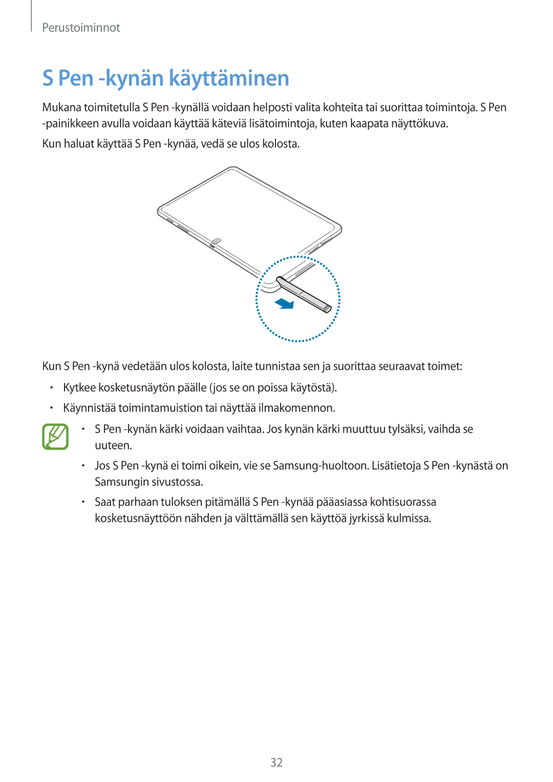 Samsung SM-P6050ZKANEE, SM-P6050ZWLNEE, SM-P6050ZKLNEE, SM-P6050ZKENEE, SM-P6050ZWANEE, SM-P6050ZWENEE Pen -kynän käyttäminen 