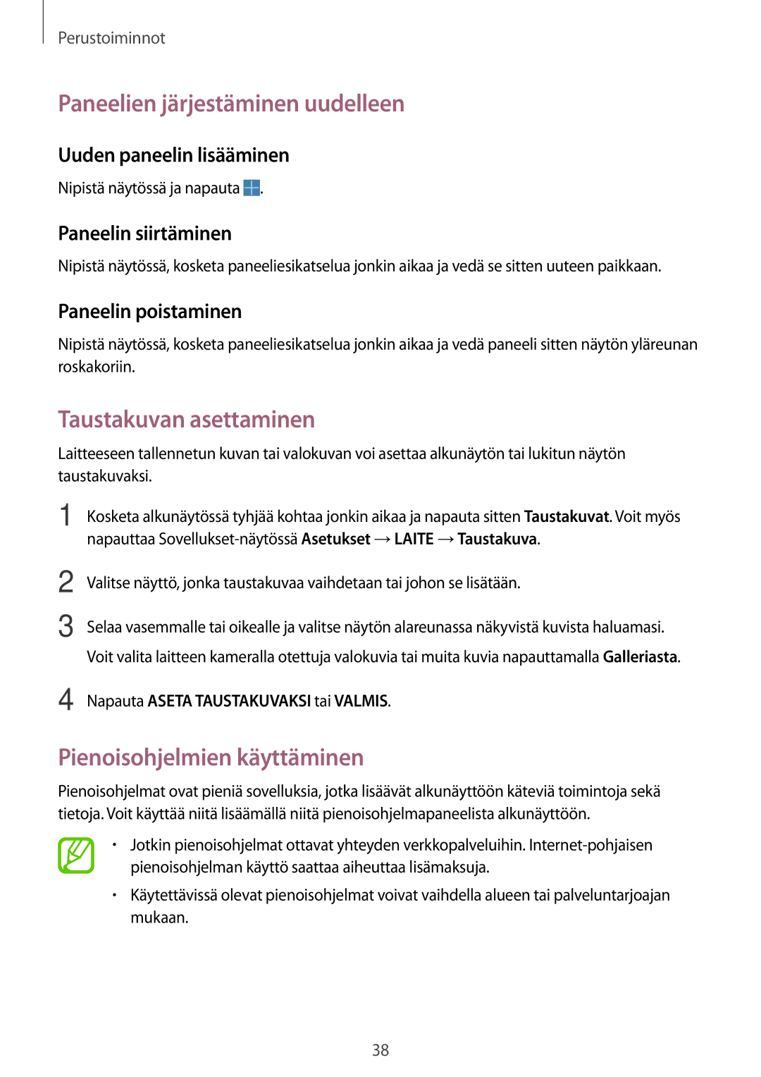 Samsung SM-P6050ZKANEE manual Paneelien järjestäminen uudelleen, Taustakuvan asettaminen, Pienoisohjelmien käyttäminen 