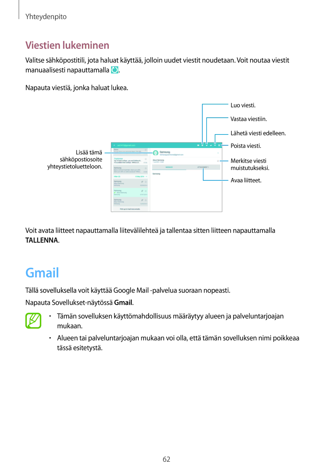 Samsung SM-P6050ZKANEE, SM-P6050ZWLNEE, SM-P6050ZKLNEE, SM-P6050ZKENEE, SM-P6050ZWANEE manual Gmail, Viestien lukeminen 
