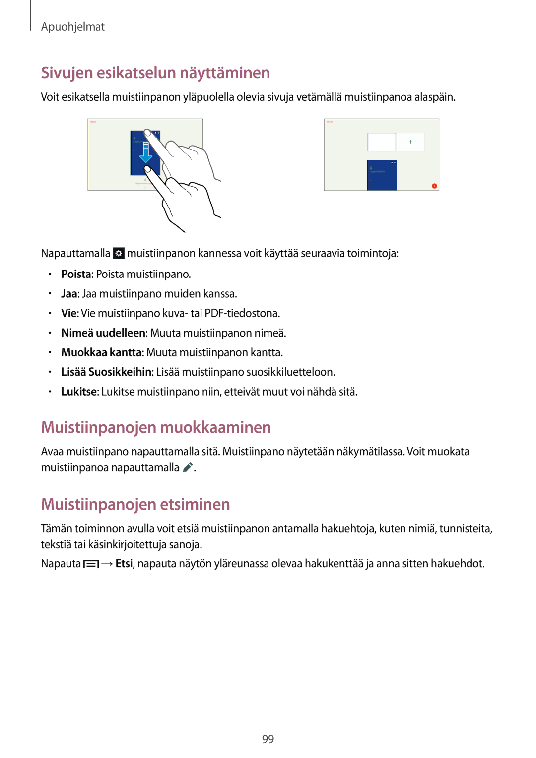 Samsung SM-P6050ZKENEE manual Sivujen esikatselun näyttäminen, Muistiinpanojen muokkaaminen, Muistiinpanojen etsiminen 