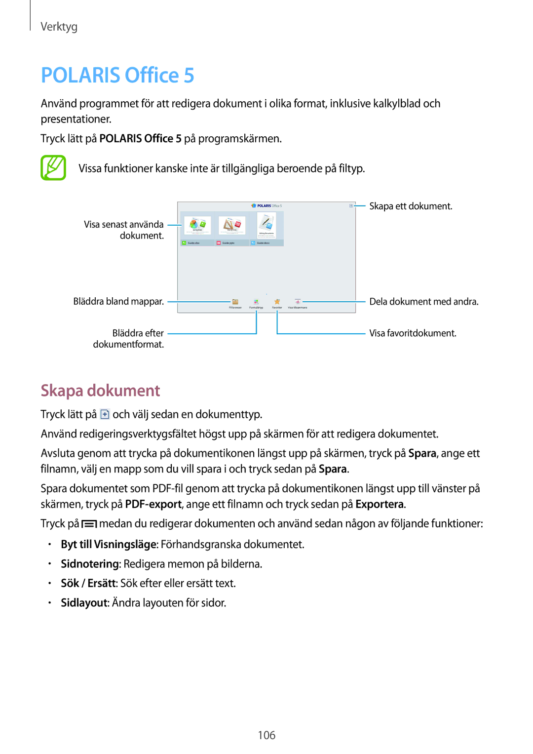 Samsung SM-P6050ZWANEE, SM-P6050ZWLNEE, SM-P6050ZKLNEE, SM-P6050ZKANEE, SM-P6050ZKENEE manual Polaris Office, Skapa dokument 