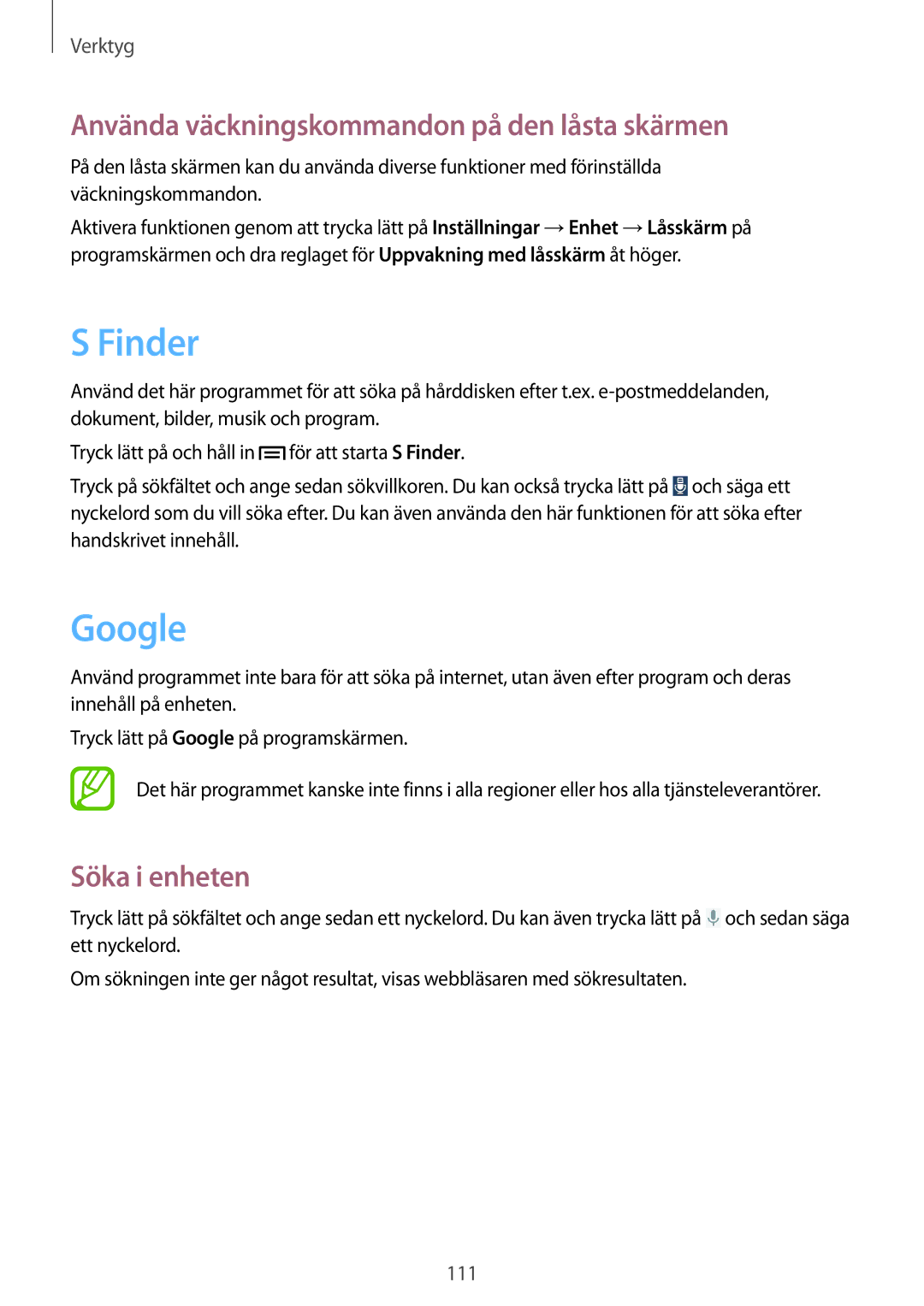 Samsung SM-P6050ZKENEE, SM-P6050ZWLNEE Finder, Google, Använda väckningskommandon på den låsta skärmen, Söka i enheten 