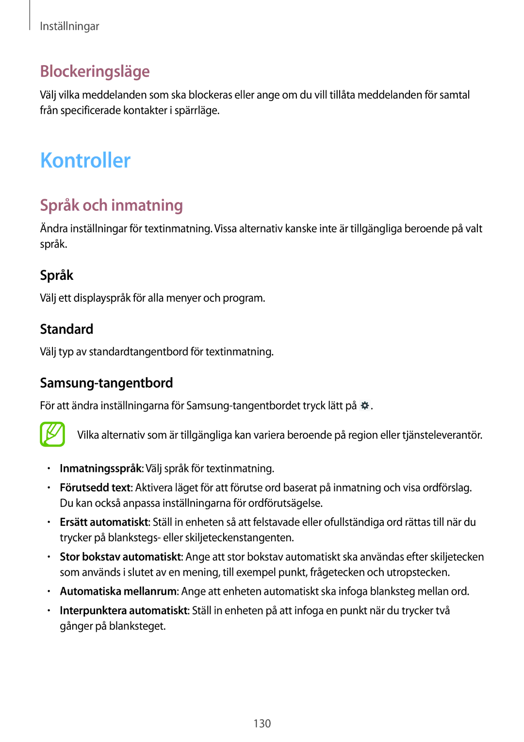 Samsung SM-P6050ZWANEE, SM-P6050ZWLNEE, SM-P6050ZKLNEE, SM-P6050ZKANEE manual Kontroller, Blockeringsläge, Språk och inmatning 