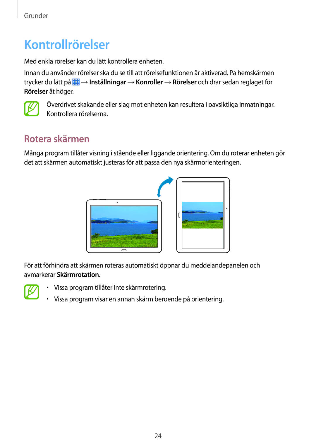 Samsung SM-P6050ZWLNEE, SM-P6050ZKLNEE, SM-P6050ZKANEE, SM-P6050ZKENEE, SM-P6050ZWANEE manual Kontrollrörelser, Rotera skärmen 