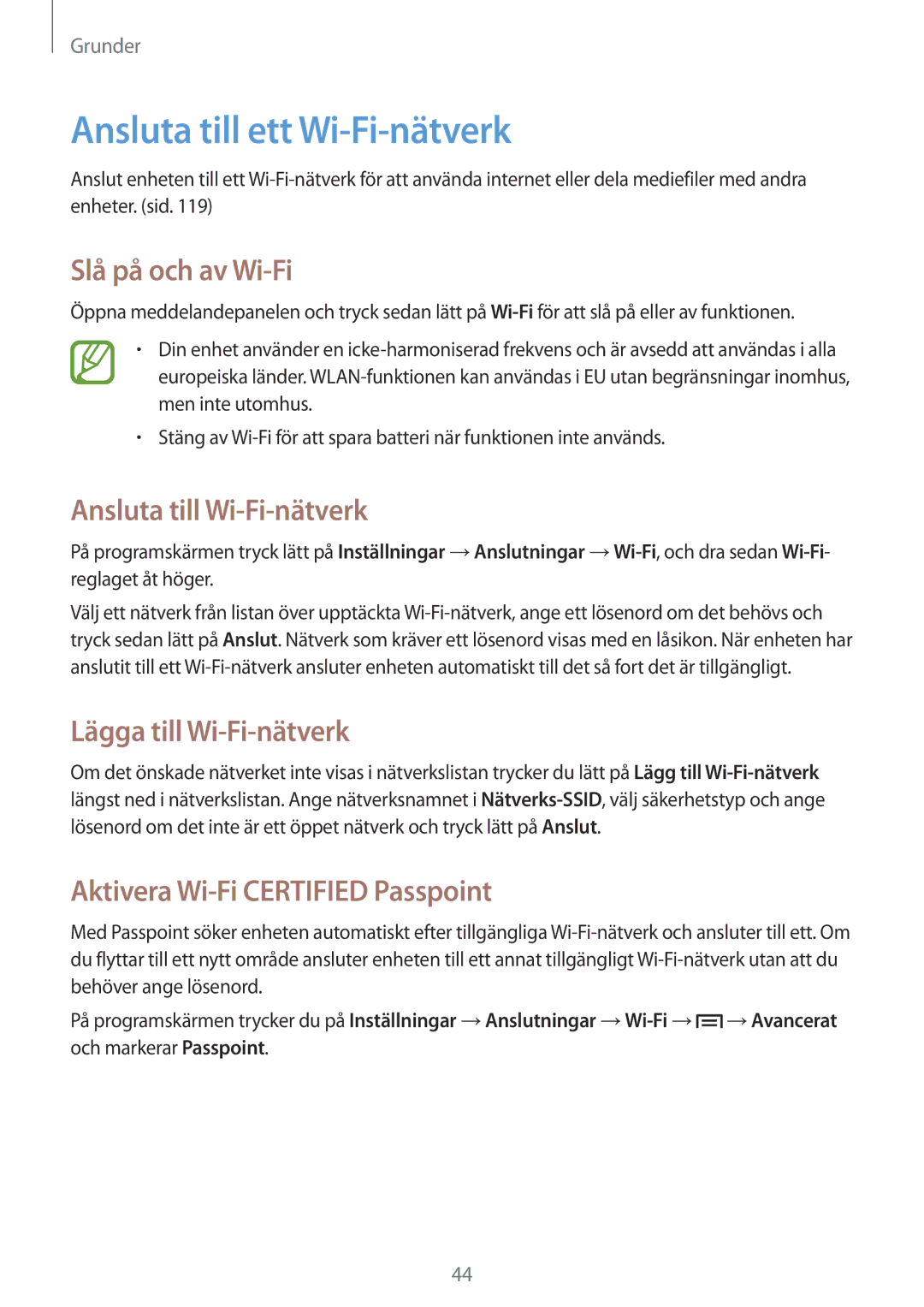 Samsung SM-P6050ZKANEE, SM-P6050ZWLNEE Ansluta till ett Wi-Fi-nätverk, Slå på och av Wi-Fi, Ansluta till Wi-Fi-nätverk 