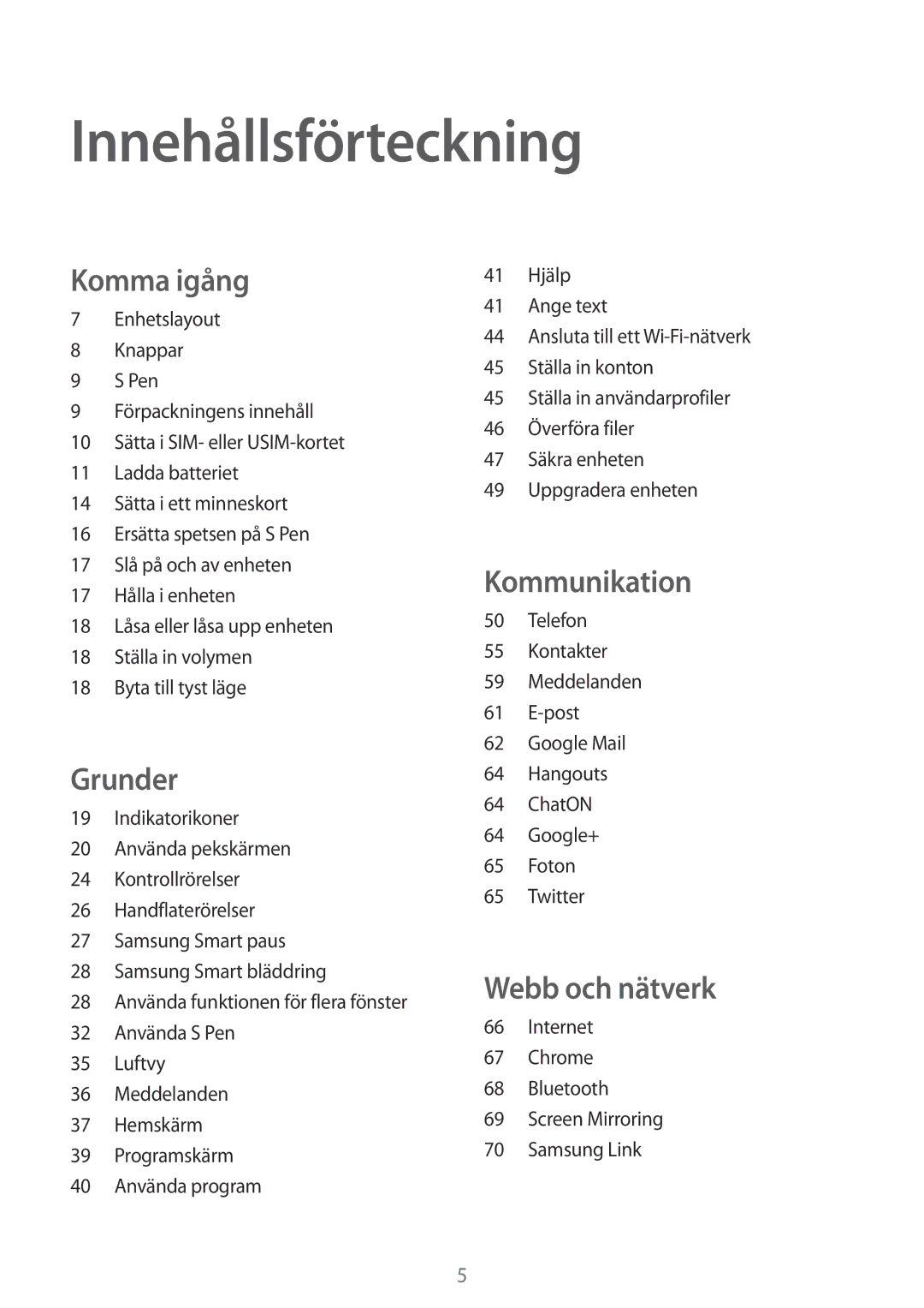 Samsung SM-P6050ZWENEE, SM-P6050ZWLNEE, SM-P6050ZKLNEE, SM-P6050ZKANEE, SM-P6050ZKENEE manual Innehållsförteckning, Komma igång 