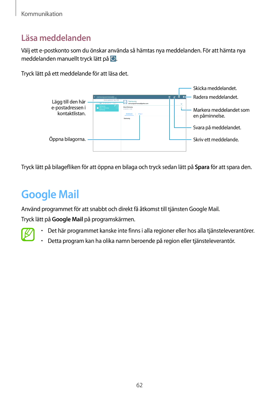 Samsung SM-P6050ZKANEE, SM-P6050ZWLNEE, SM-P6050ZKLNEE, SM-P6050ZKENEE, SM-P6050ZWANEE manual Google Mail, Läsa meddelanden 