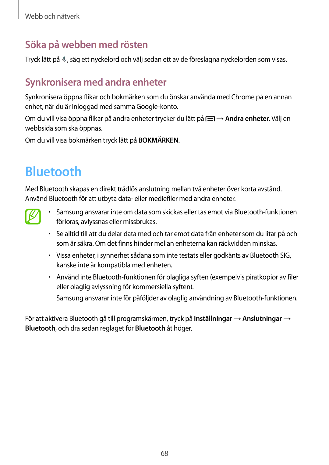 Samsung SM-P6050ZKANEE, SM-P6050ZWLNEE, SM-P6050ZKLNEE, SM-P6050ZKENEE manual Bluetooth, Synkronisera med andra enheter 