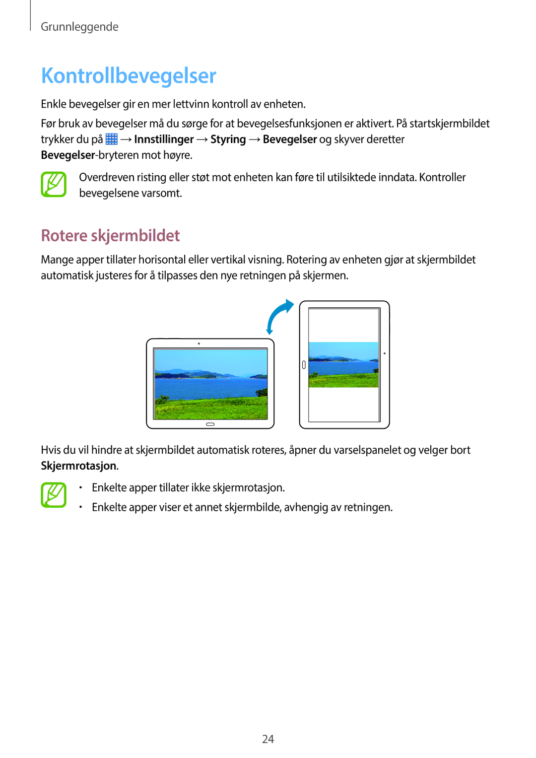 Samsung SM-P6050ZWLNEE, SM-P6050ZKLNEE, SM-P6050ZKANEE, SM-P6050ZKENEE manual Kontrollbevegelser, Rotere skjermbildet 