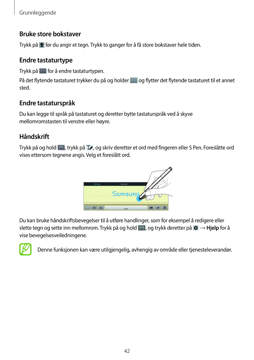 Samsung SM-P6050ZWLNEE, SM-P6050ZKLNEE manual Bruke store bokstaver, Endre tastaturtype, Endre tastaturspråk, Håndskrift 