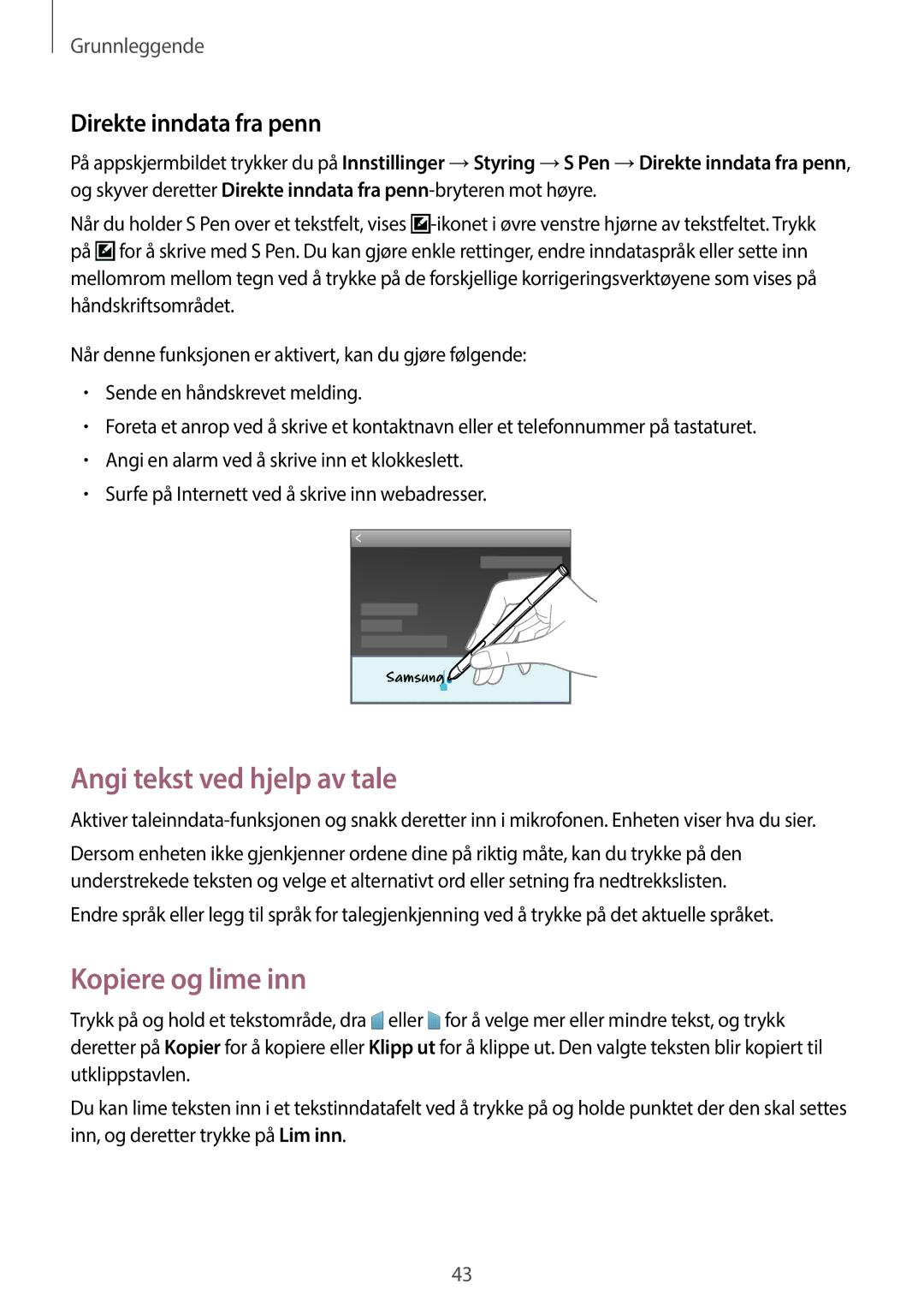 Samsung SM-P6050ZKLNEE, SM-P6050ZWLNEE manual Angi tekst ved hjelp av tale, Kopiere og lime inn, Direkte inndata fra penn 