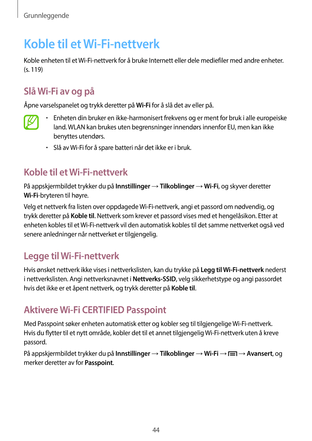 Samsung SM-P6050ZKANEE, SM-P6050ZWLNEE manual Koble til et Wi-Fi-nettverk, Slå Wi-Fi av og på, Legge til Wi-Fi-nettverk 