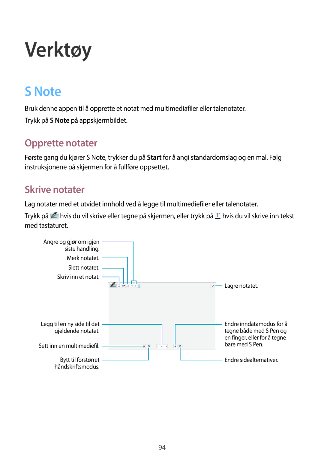 Samsung SM-P6050ZWANEE, SM-P6050ZWLNEE, SM-P6050ZKLNEE, SM-P6050ZKANEE manual Verktøy, Opprette notater, Skrive notater 