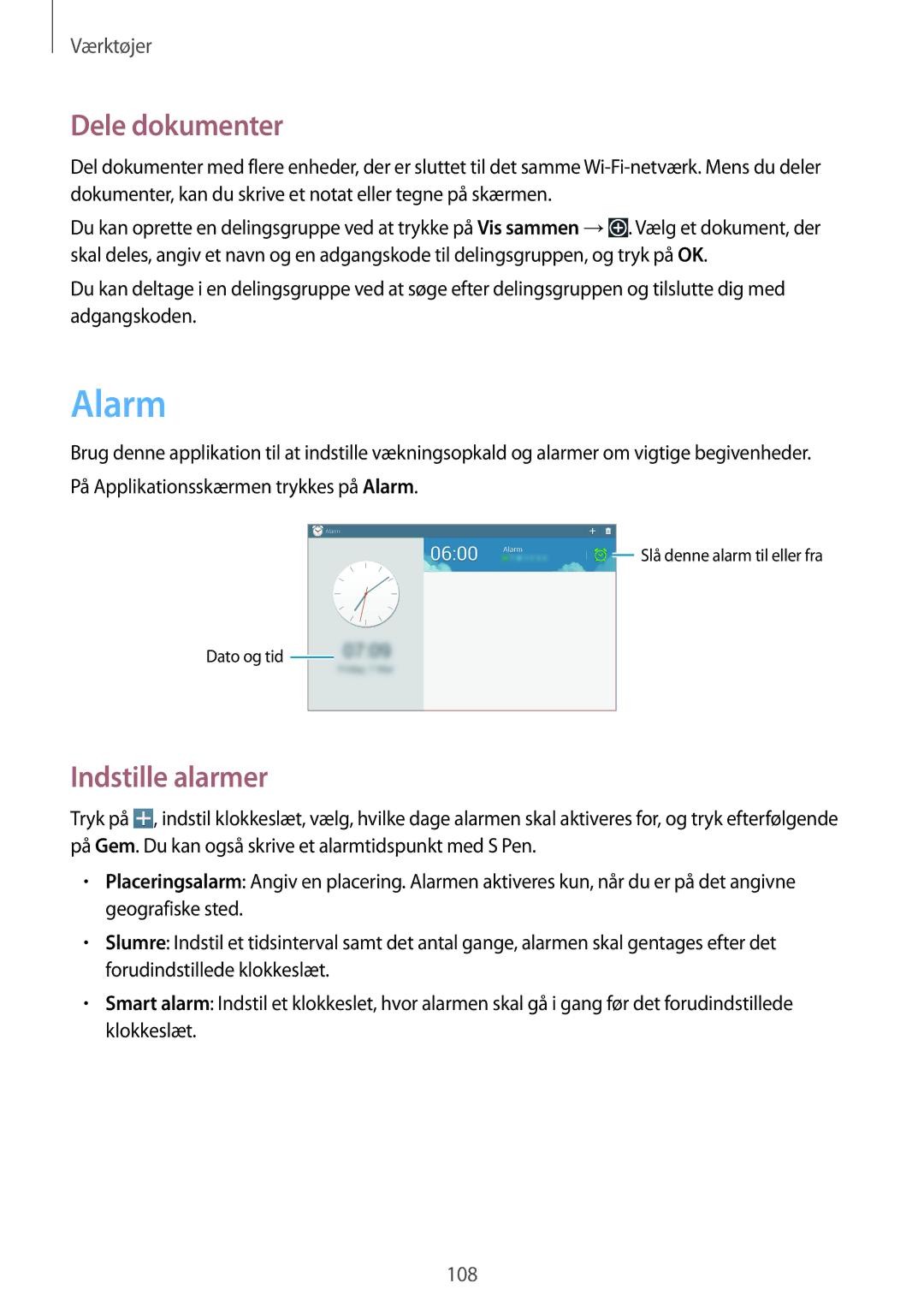 Samsung SM-P6050ZWLNEE, SM-P6050ZKLNEE, SM-P6050ZKANEE, SM-P6050ZKENEE manual Alarm, Dele dokumenter, Indstille alarmer 