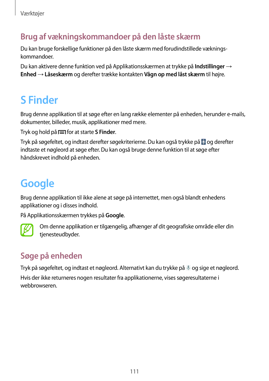Samsung SM-P6050ZKENEE, SM-P6050ZWLNEE manual Finder, Google, Brug af vækningskommandoer på den låste skærm, Søge på enheden 