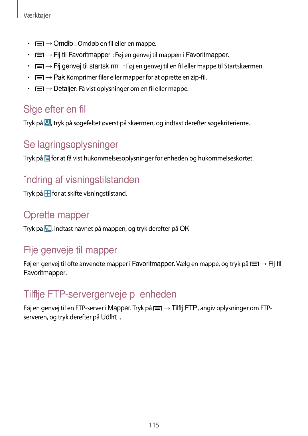 Samsung SM-P6050ZKLNEE manual Søge efter en fil, Se lagringsoplysninger, Ændring af visningstilstanden, Oprette mapper 