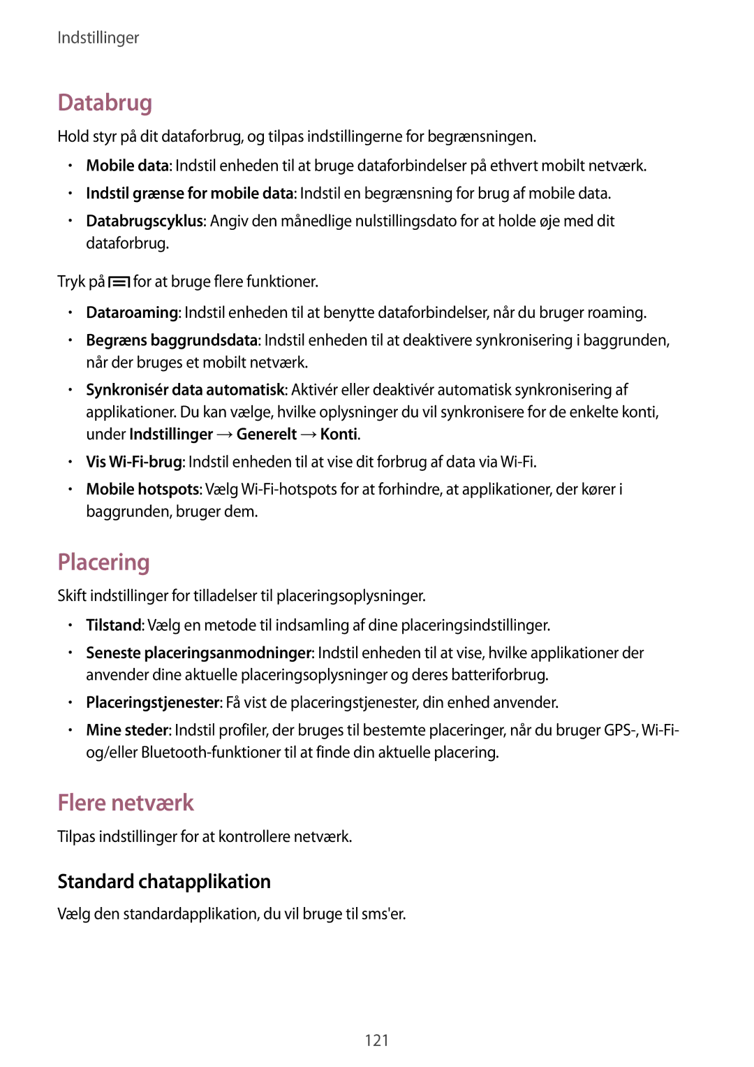 Samsung SM-P6050ZKLNEE, SM-P6050ZWLNEE, SM-P6050ZKANEE manual Databrug, Placering, Flere netværk, Standard chatapplikation 